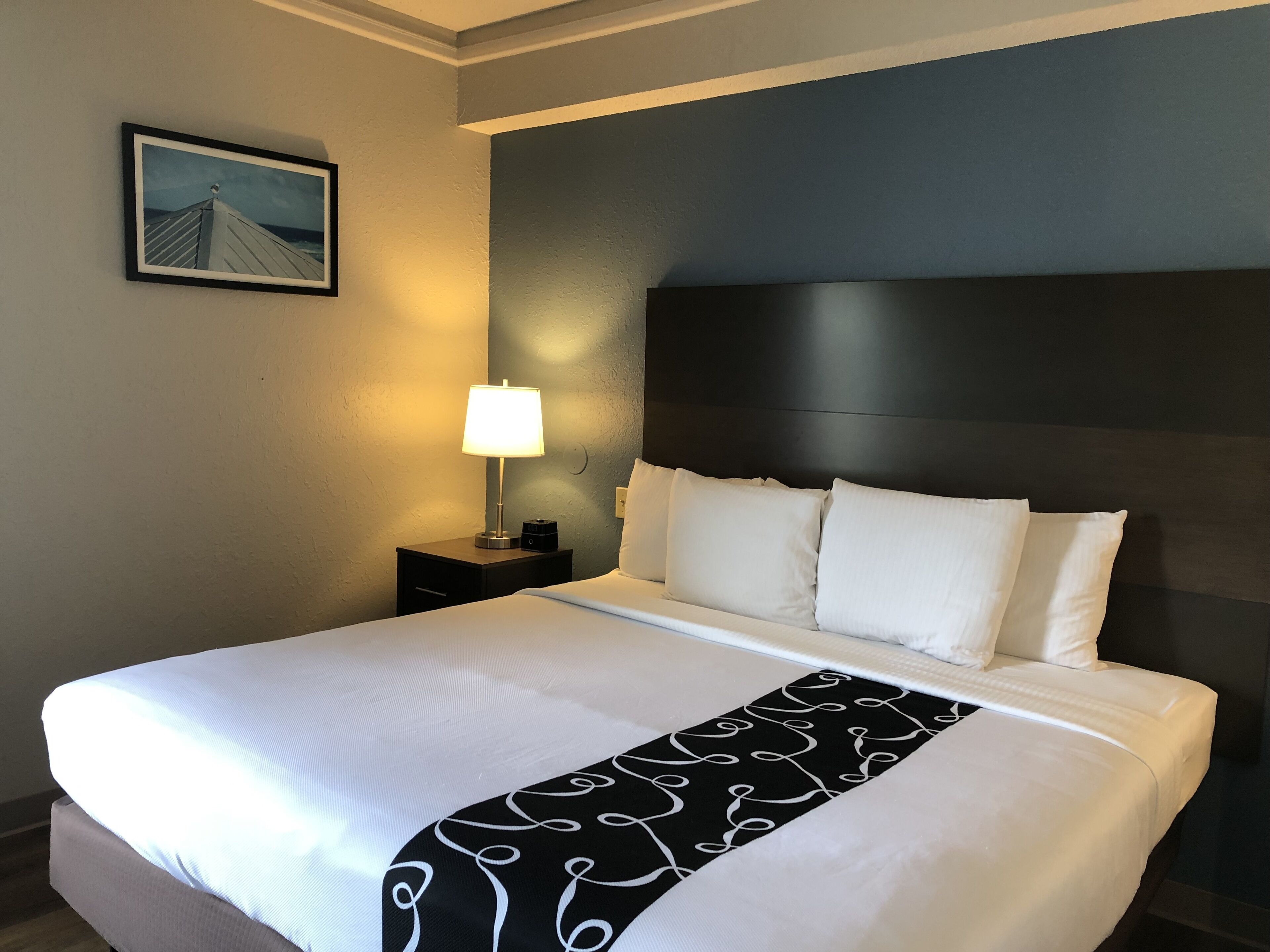 Una cama bien hecha con sábanas blancas y un plaid blanco y negro, una lámpara de noche y un cuadro en la pared.