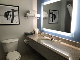 Combined shower/bathtub, free toiletries, hair dryer, towels