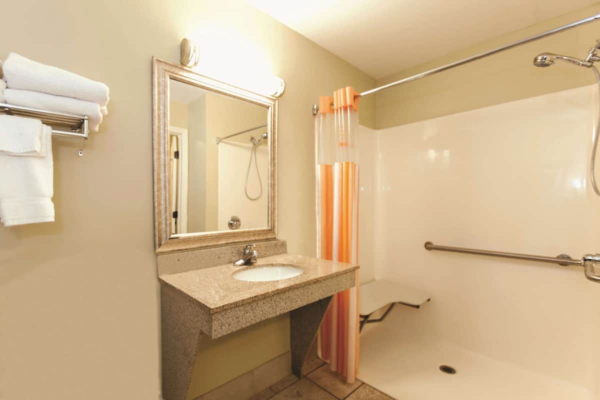 A bathroom with a sink, mirror, towel rack, shower, and grab bar.