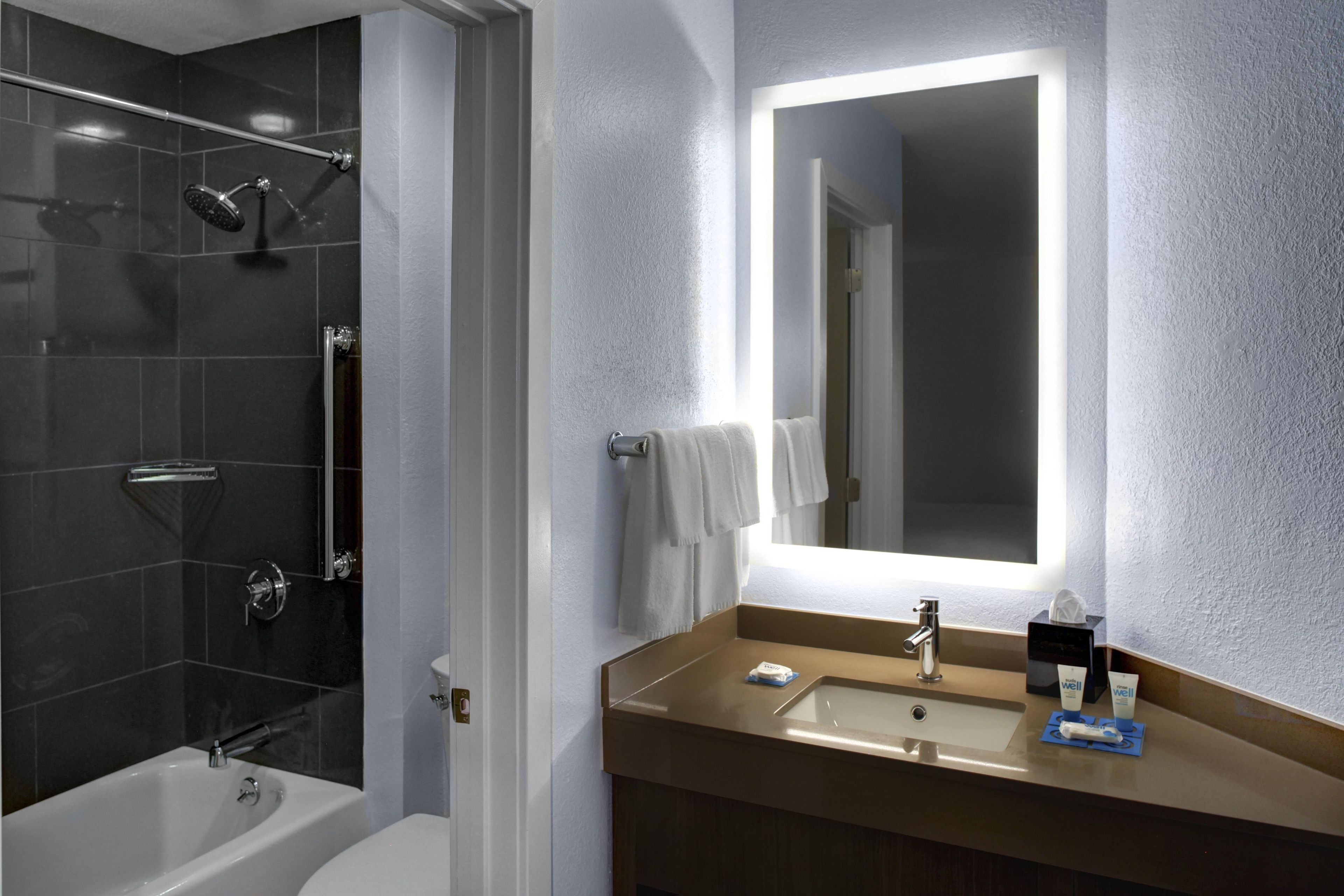 A bathroom with a bathtub, a shower, and a sink with a mirror above it.