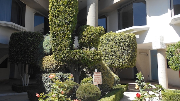 Un edificio moderno con fachada curva, múltiples balcones y un jardín bien cuidado con diversas plantas y flores.