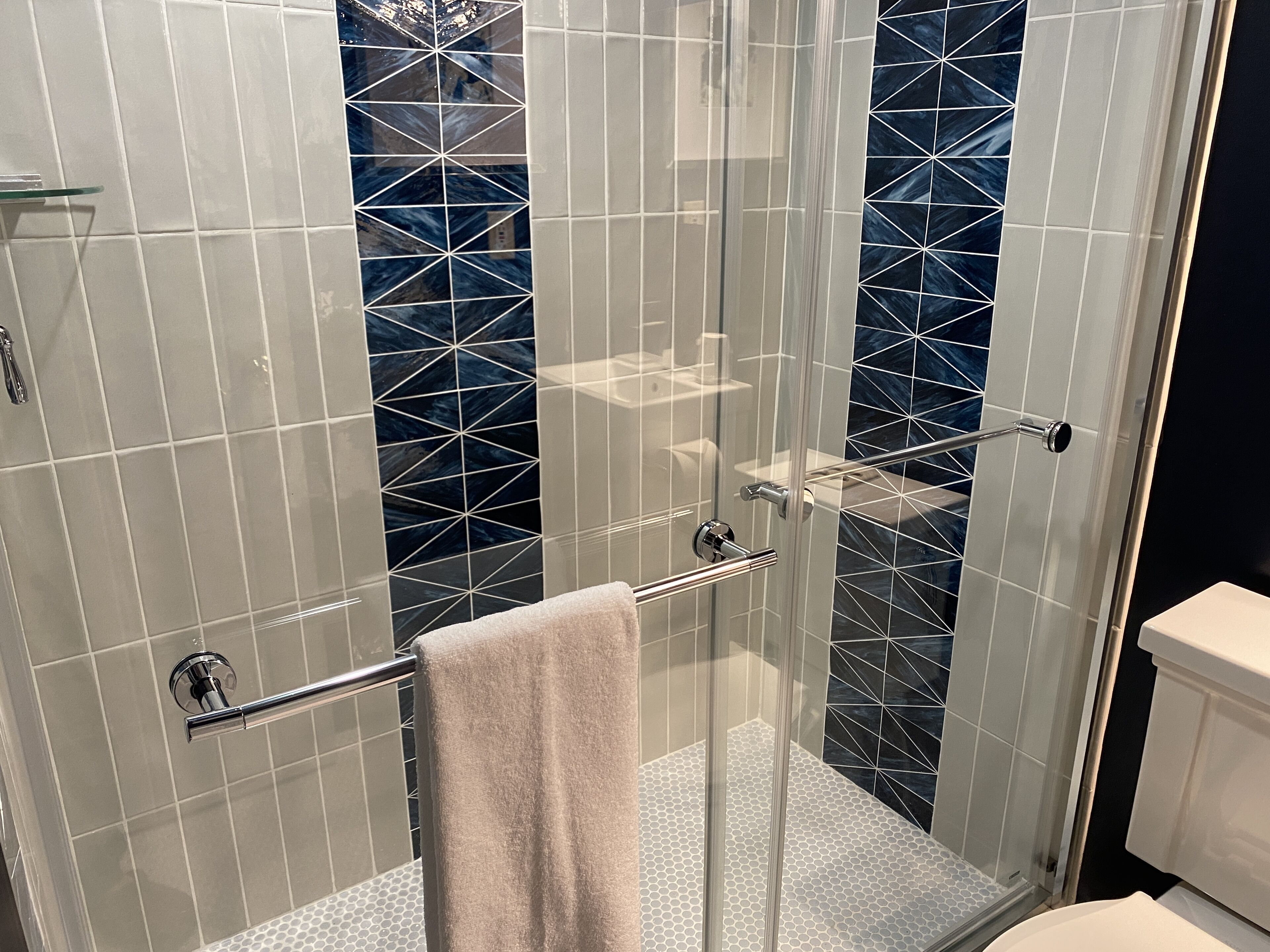 A glass-enclosed shower with a geometric tile pattern, a towel rack, and a visible toilet.
