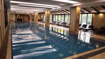An indoor swimming pool with a long, narrow shape, surrounded by lounge chairs and large windows.