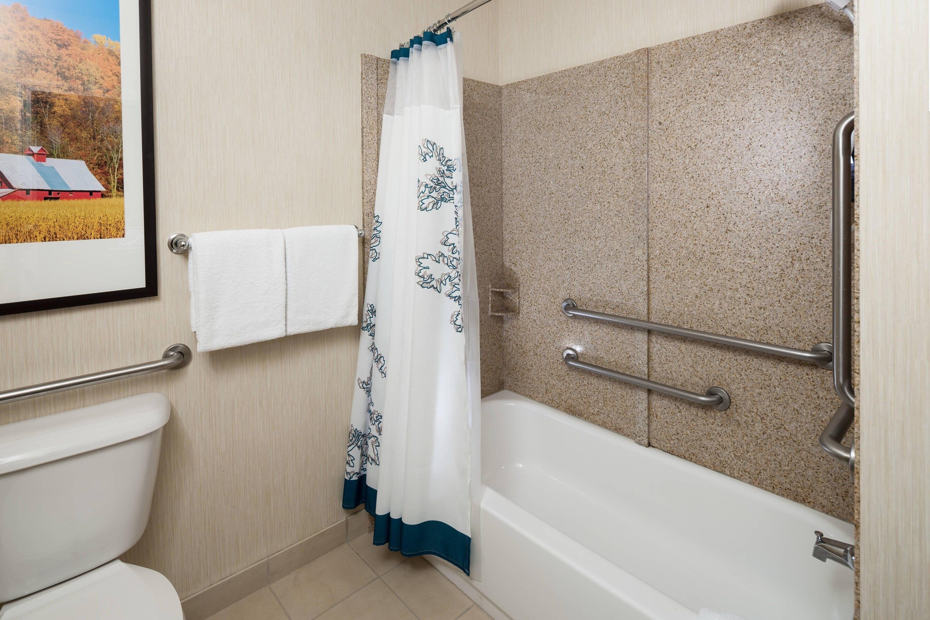 Une salle de bain comprenant des toilettes, une douche avec un rideau bleu et blanc, et une baignoire équipée de barres d'appui.