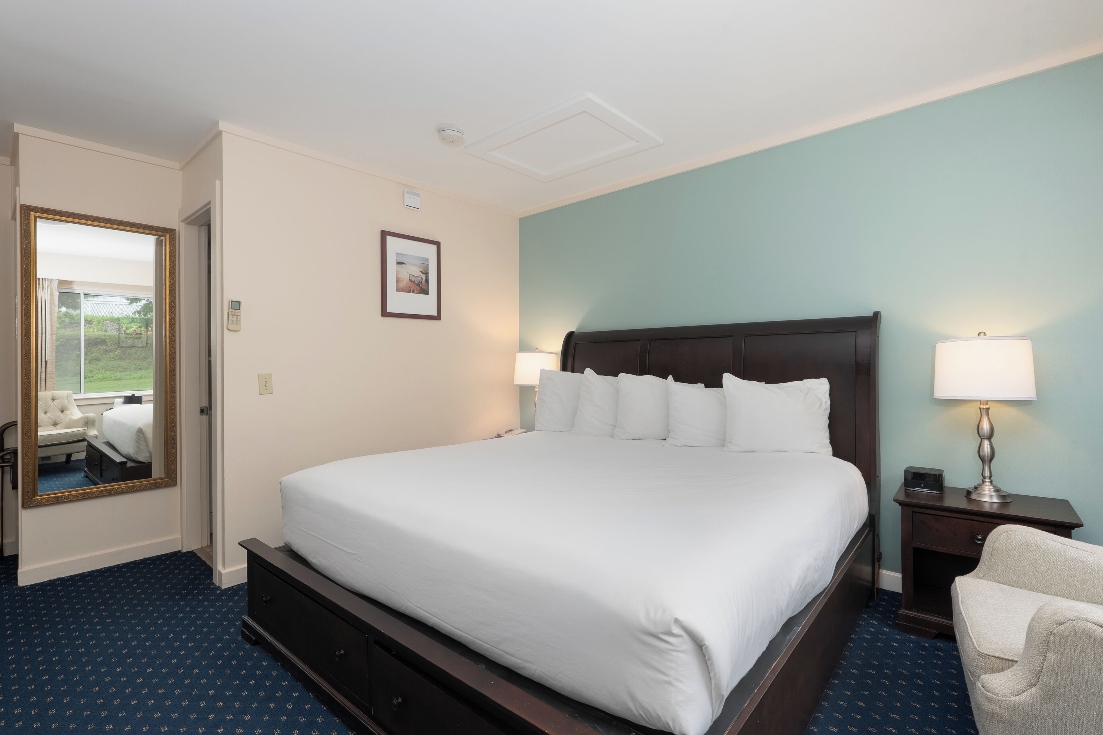 A hotel room with a large bed, a bedside table with a lamp, a chair, and a view of the outdoors through a door.