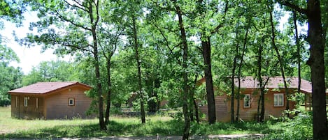 A rustic cabin surrounded by tall trees in a wooded area.