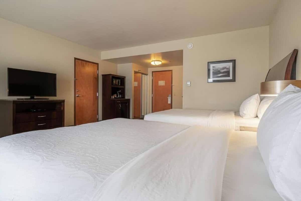 A hotel room with two beds, a television, a bookshelf, and a framed picture on the wall.