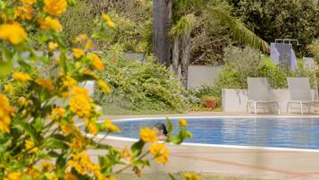 A swimming pool with a person in the water, surrounded by greenery and a palm tree.