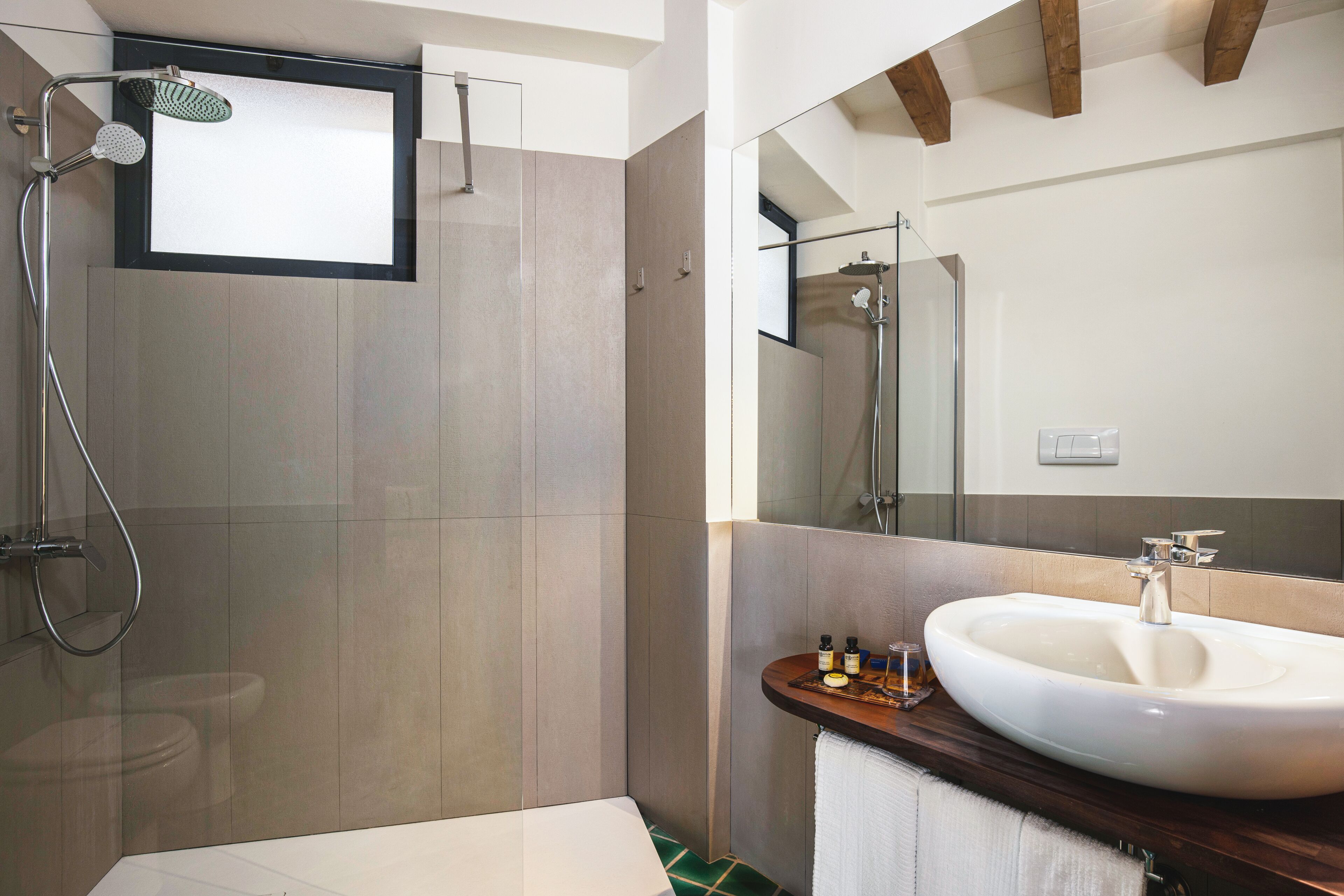 combined shower/bathtub, free toiletries, hair dryer, towels