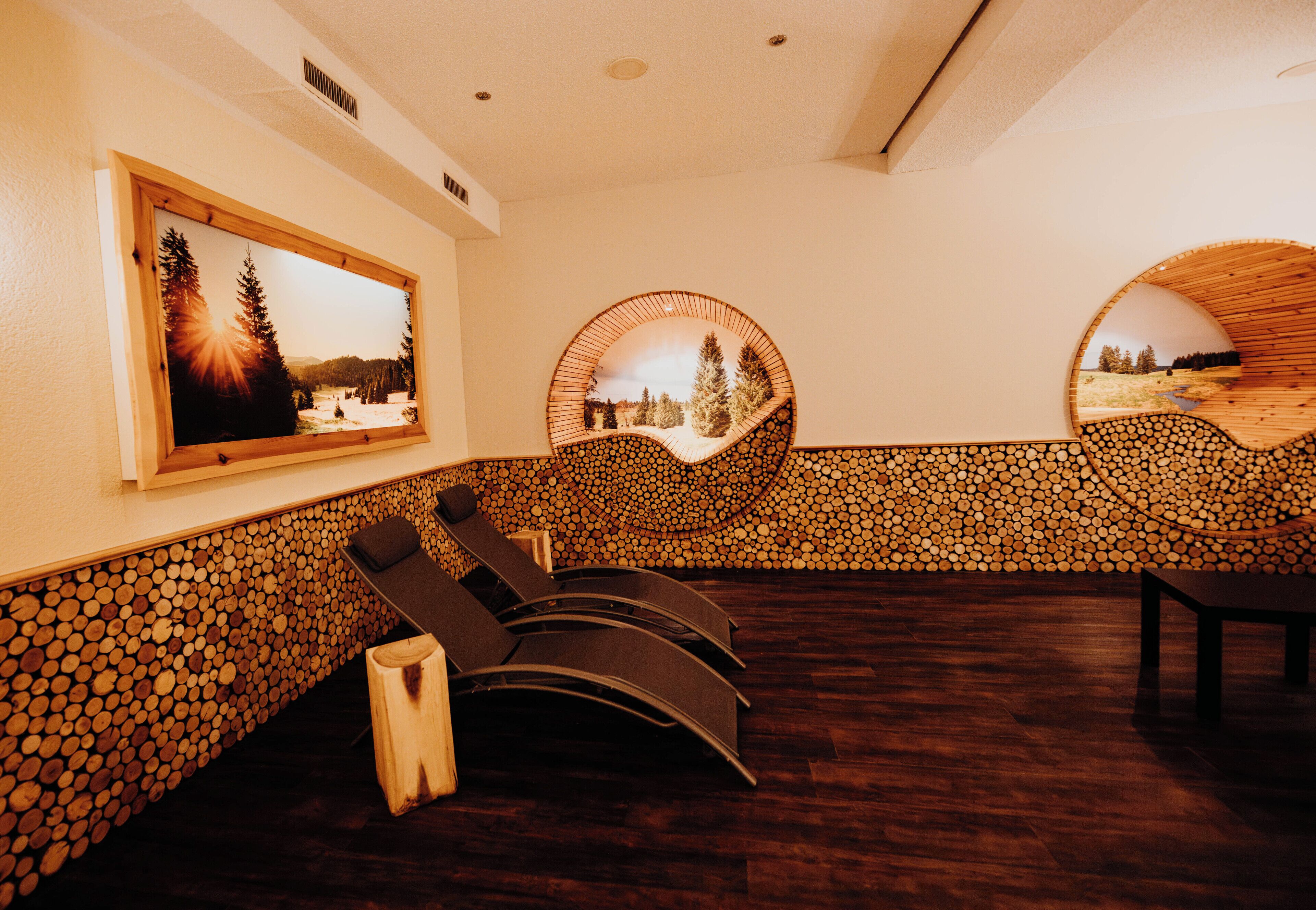 A spa room with wooden flooring, a wall-mounted massage table, and a large window with a scenic view.
