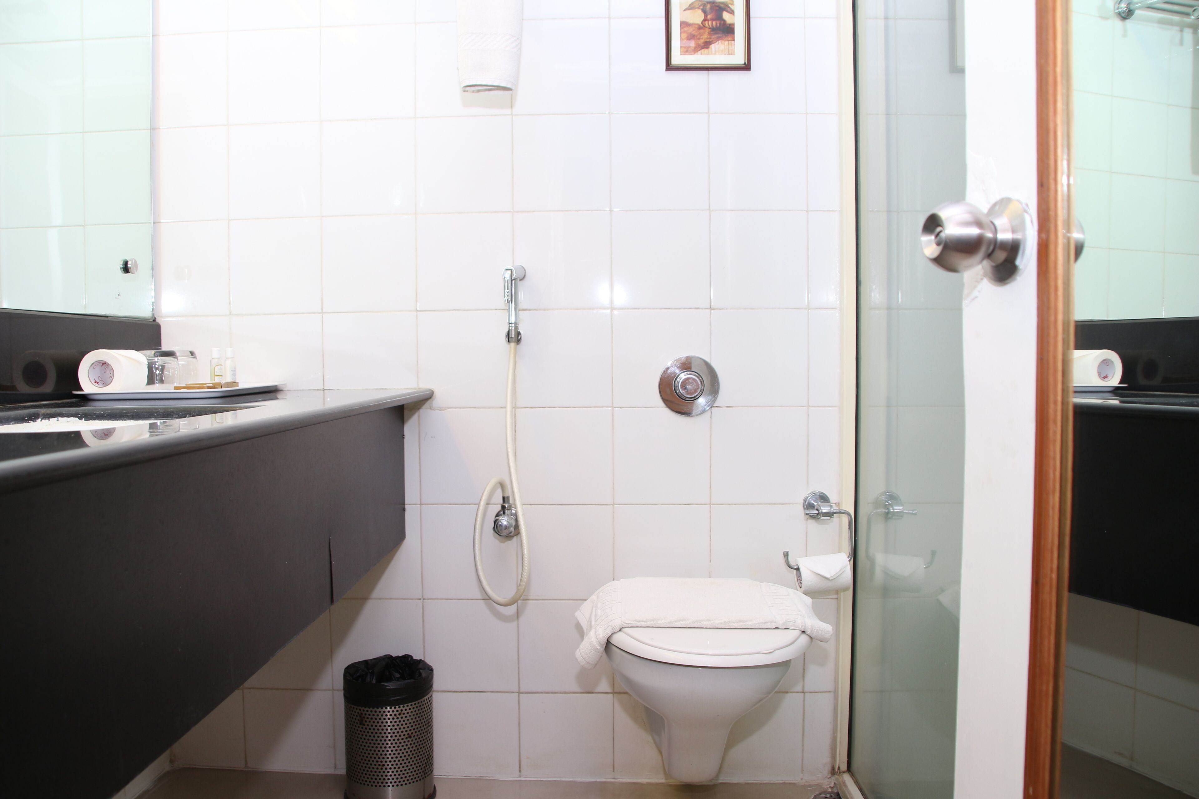 A bathroom with a toilet, a shower, and a sink.