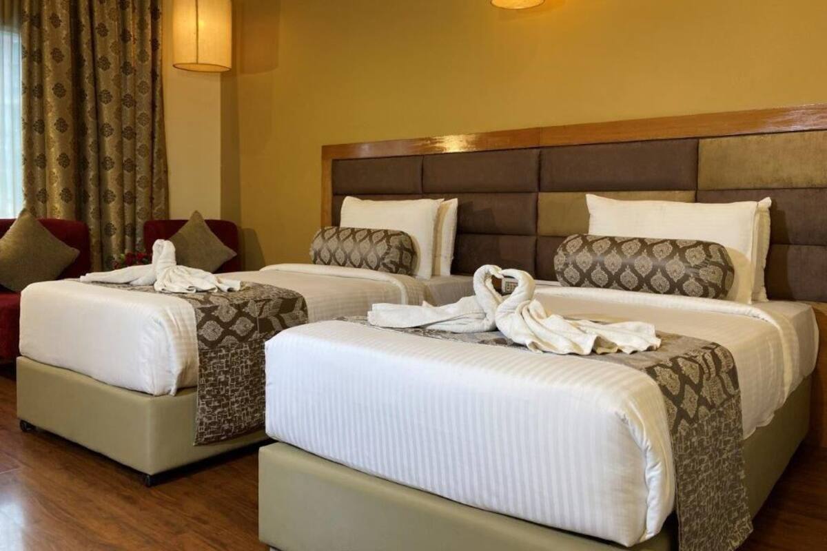 A hotel room with two beds, each with a patterned bedspread and pillows, a wooden headboard, and a large window with curtains.