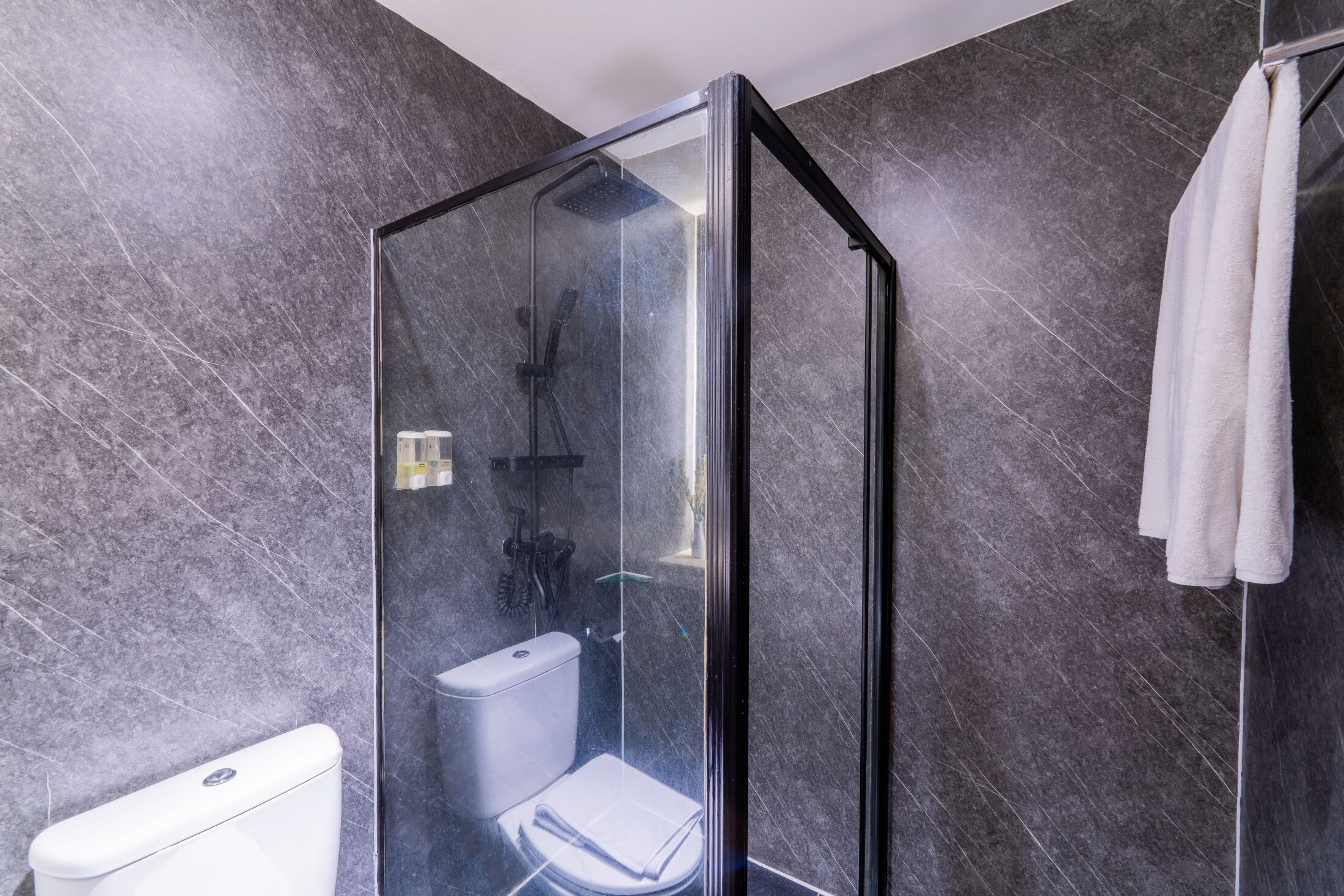 A modern bathroom with a glass-enclosed shower, a toilet, and a towel rack.