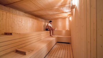 Una sauna con bancos de madera y una persona sentada en uno.