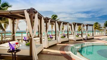 Outdoor pool, pool umbrellas, pool loungers