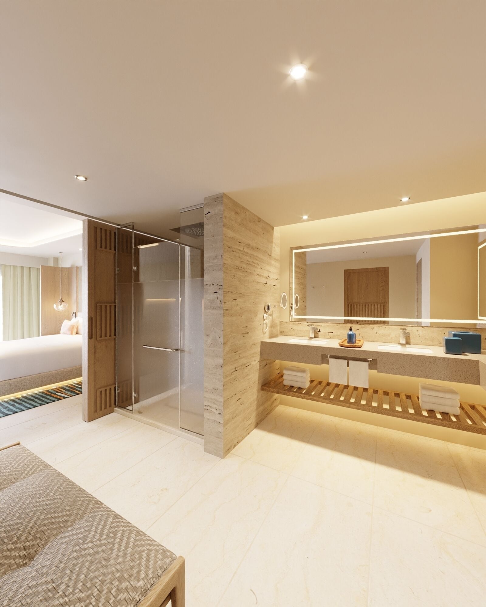 Een moderne hotelbadkamer met een douchecabine van glas, een grote spiegel en een wastafel met een handdoekhouder.