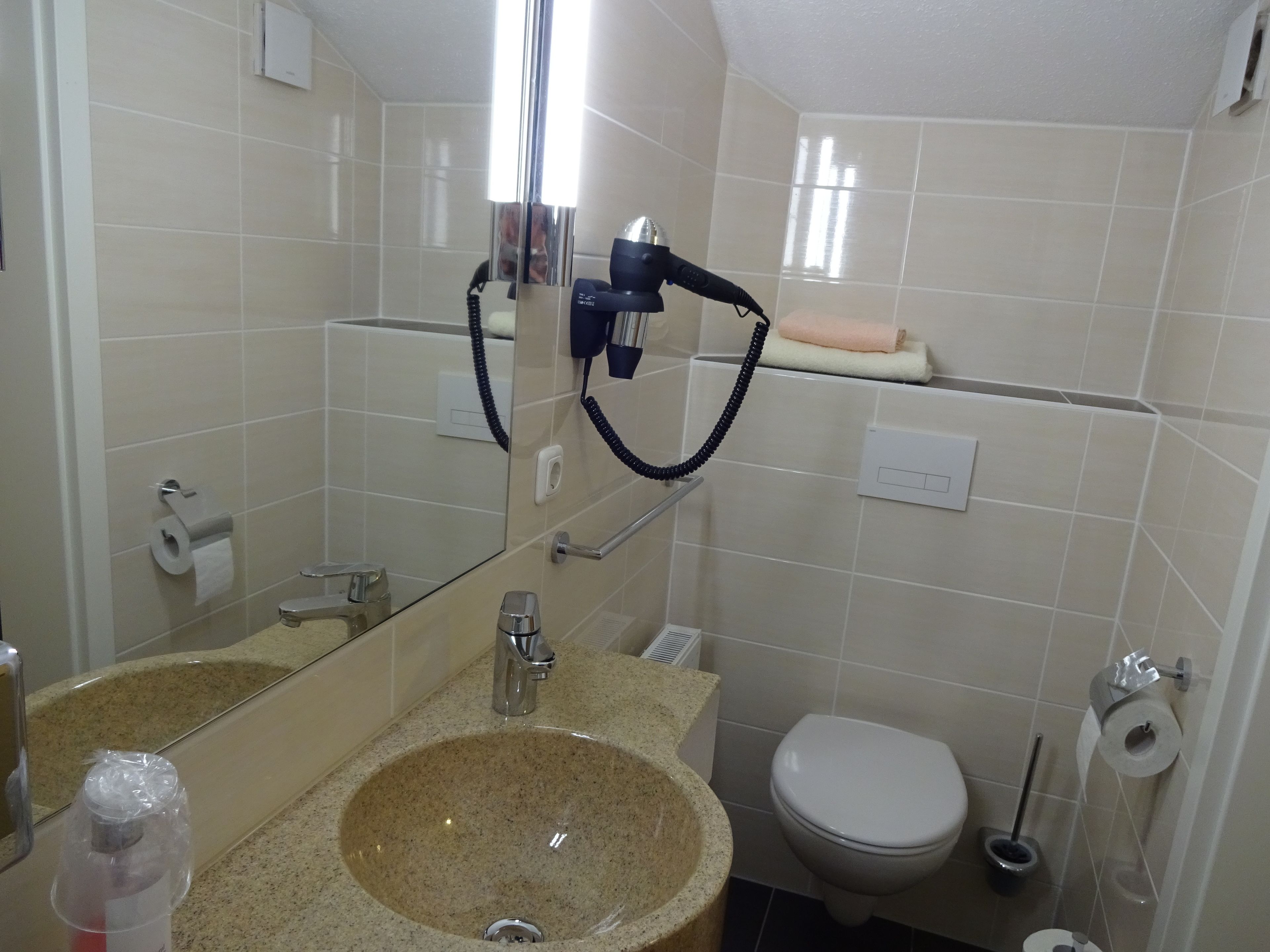 single room | bathroom | shower, hair dryer, towels