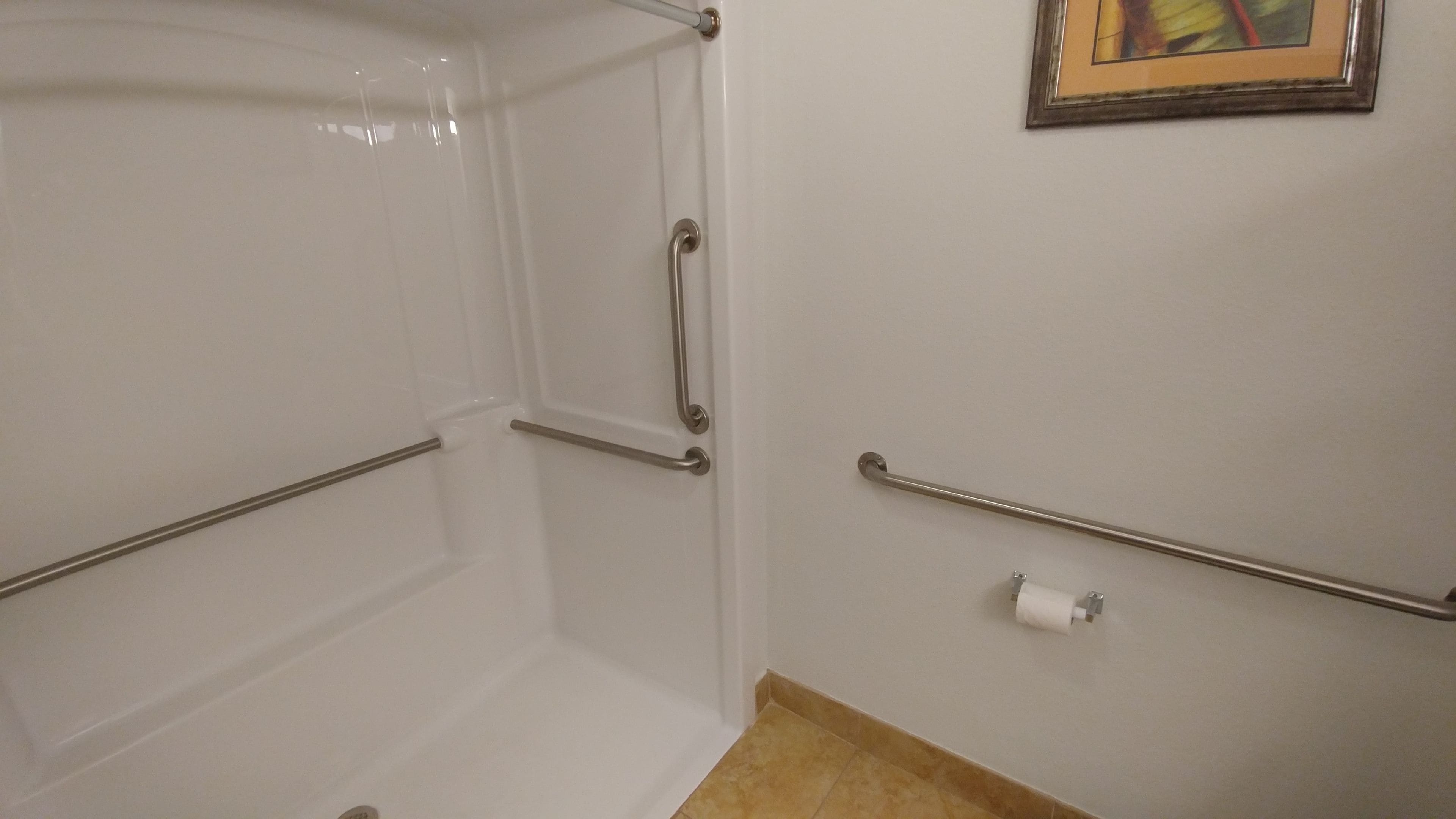 Ein Badezimmer mit weißen Wänden, einer Dusche mit Glastür und einem WC mit Handläufe.