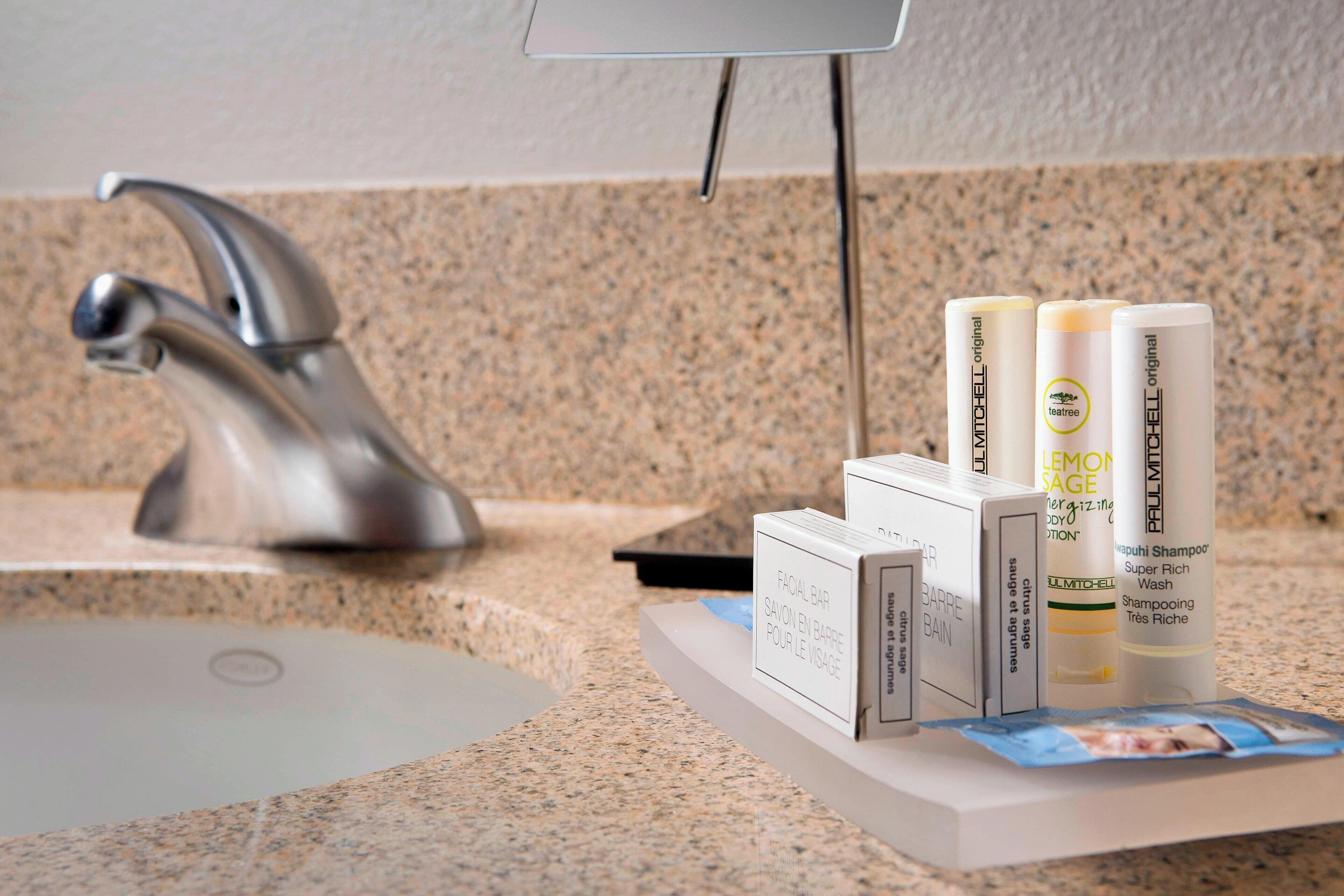 combined shower/bathtub, free toiletries, hair dryer, towels