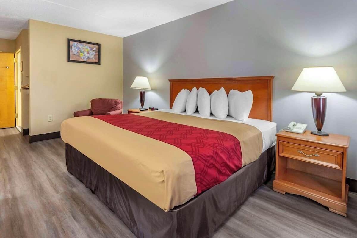 A hotel room with a large bed, two bedside tables with lamps, a red and beige bedspread, a wooden headboard, a framed picture on the wall, and a door to the left.
