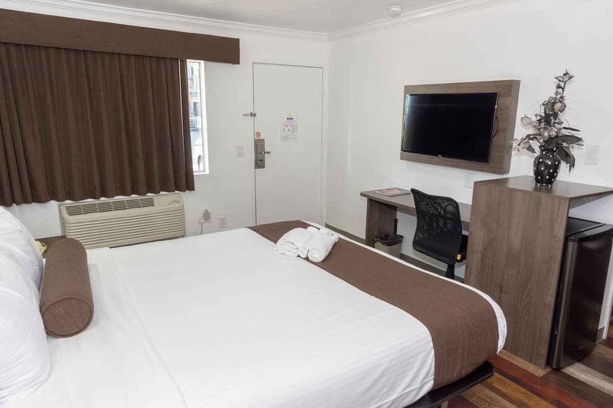 Quarto de hotel com uma cama grande, uma escrivaninha, uma cadeira, uma TV e um pequeno frigorífico.
