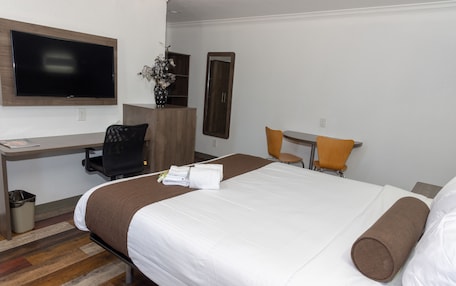 A hotel room with a bed, a desk with a chair, a TV mounted on the wall, and a mirror.