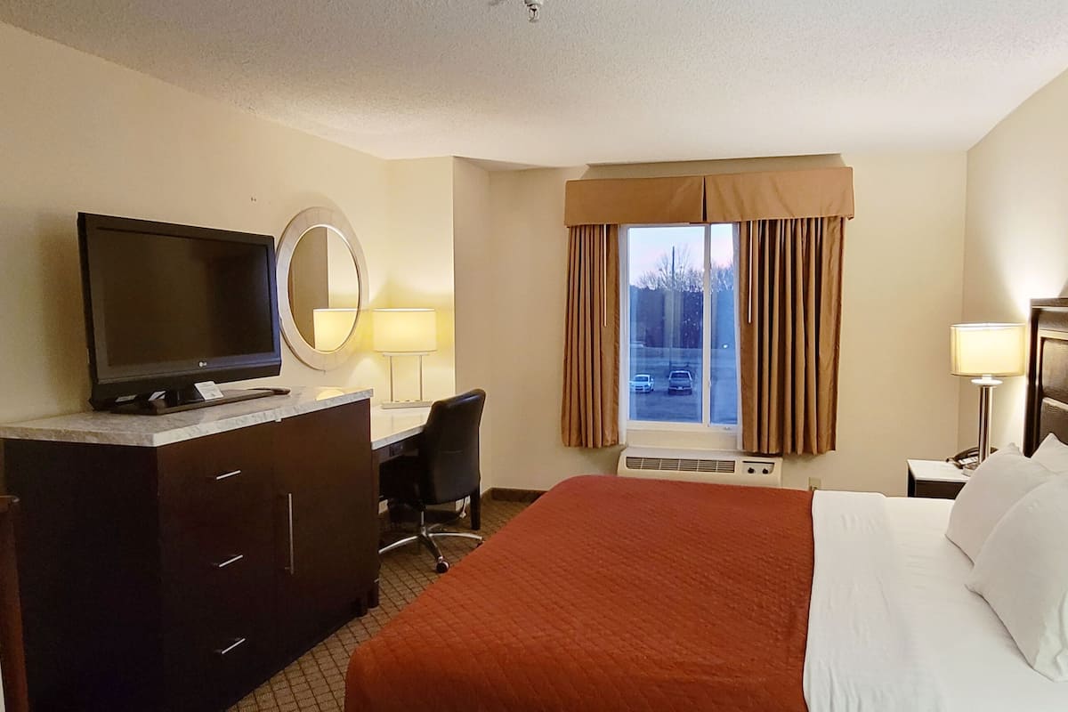 A hotel room with a bed, a desk, a TV, a mirror, a window with curtains, and a framed picture on the wall.