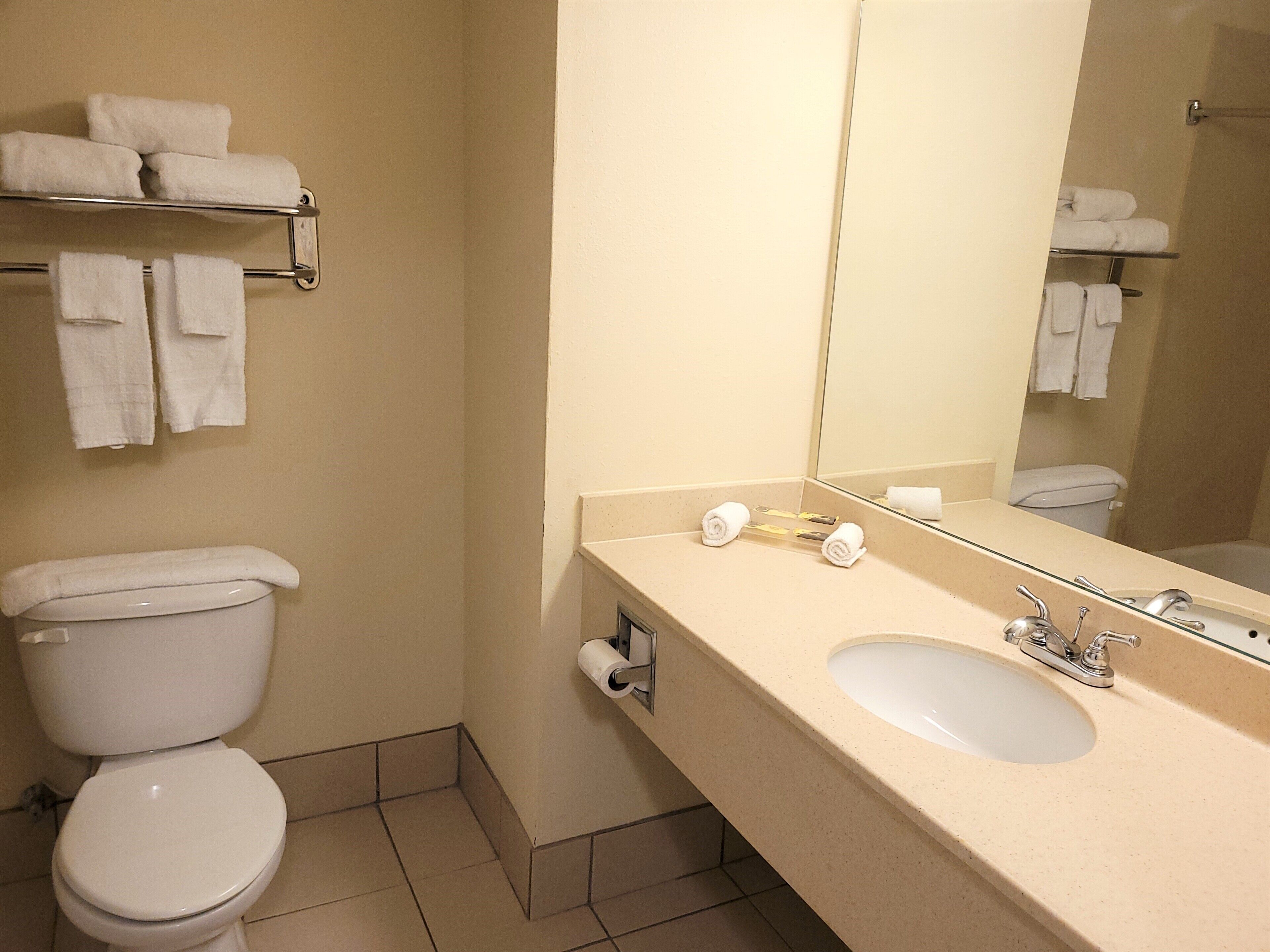 A bathroom with a toilet, sink, mirror, and towel rack.