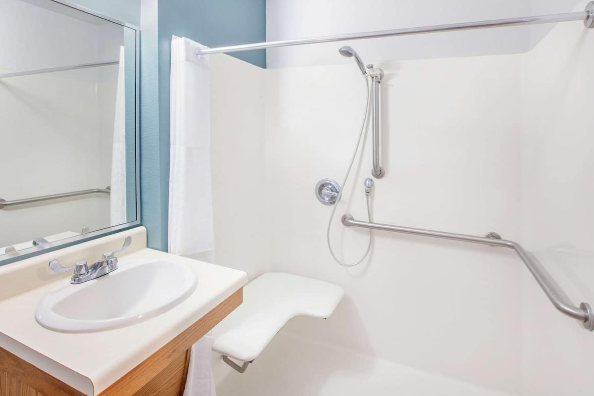 standard room, 1 double bed, accessible, non smoking | bathroom | combined shower/bathtub, hair dryer, towels, soap