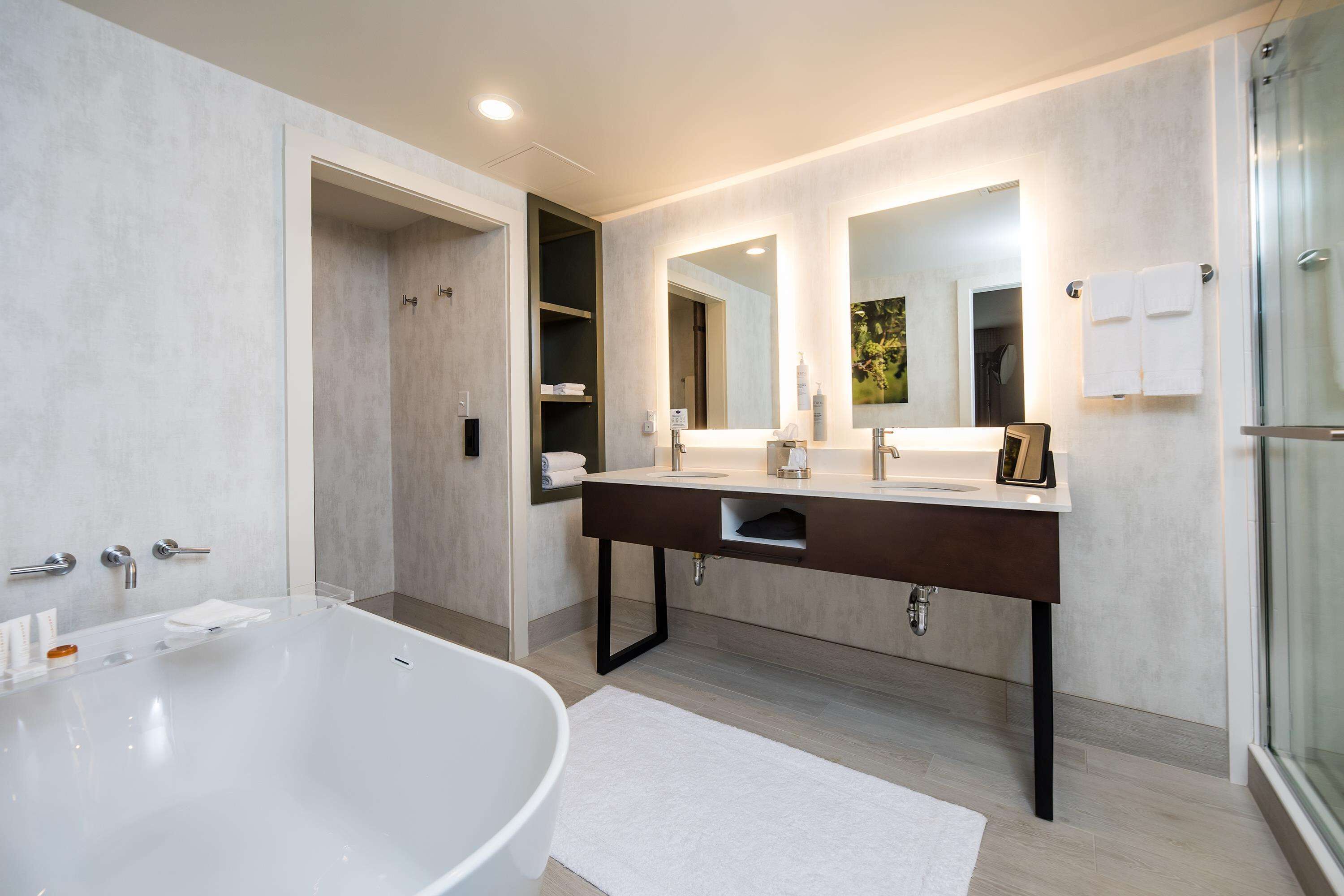 hydromassage showerhead, free toiletries, hair dryer, towels