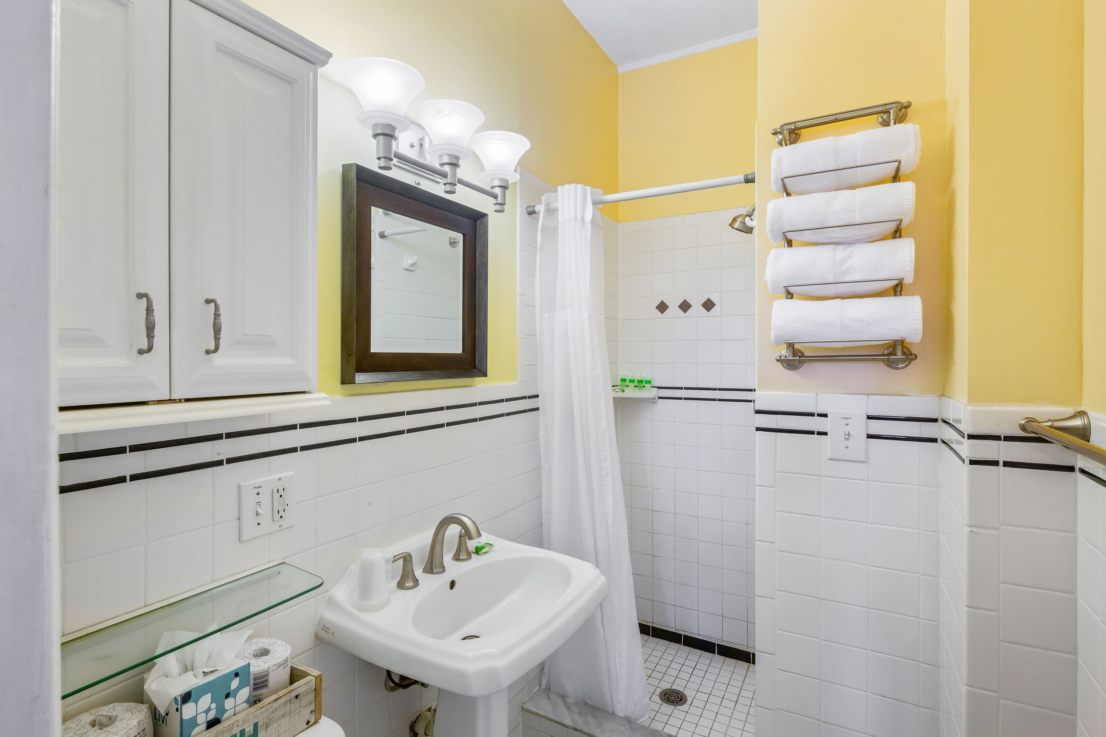 A bathroom with a sink, mirror, towel rack, and shower curtain.