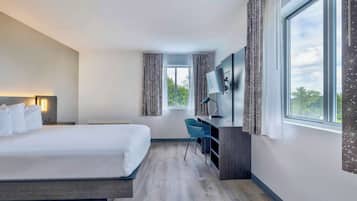 Habitación de hotel con una cama grande, un escritorio con silla, un televisor montado en la pared y una ventana con cortinas.