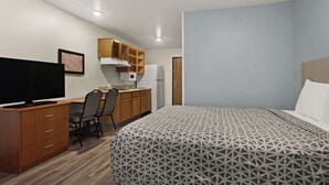 Une chambre comprenant un lit, un bureau avec un ordinateur, une chaise, une télévision et un coin cuisine.