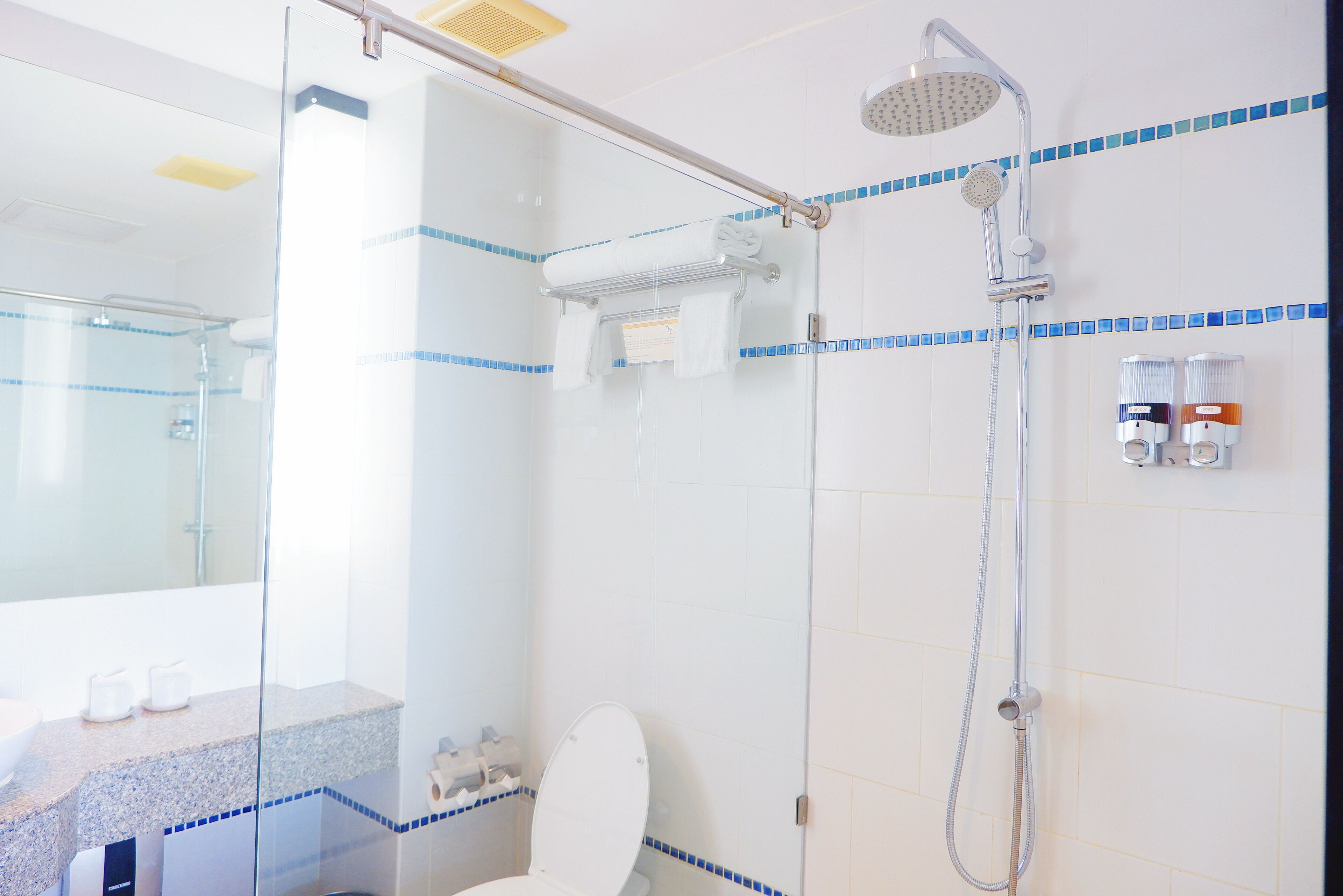 A modern bathroom with a glass shower enclosure, a toilet, and a sink with a granite countertop.
