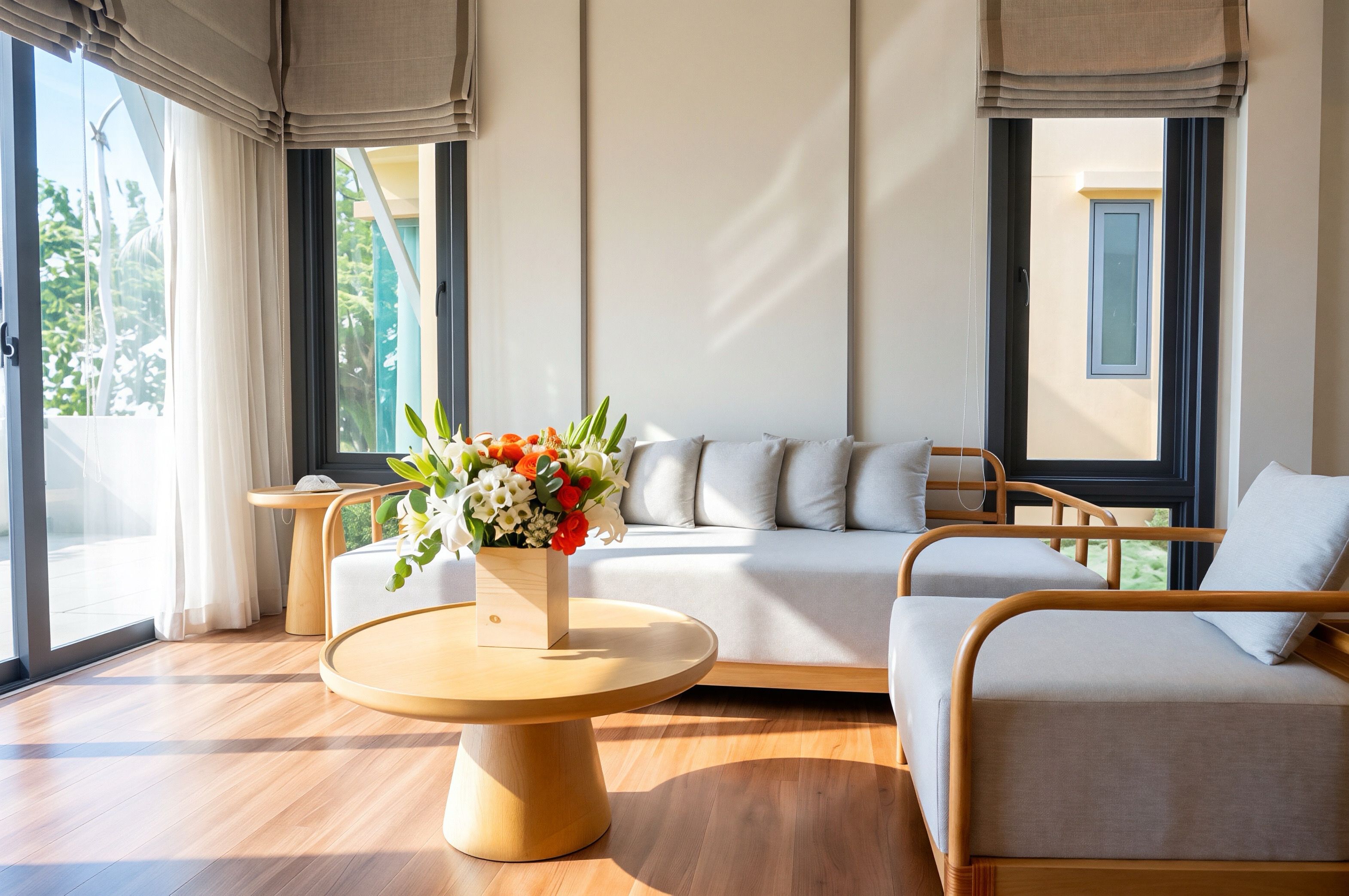 Ein modernes Wohnzimmer mit einer Couch, einem runden Holztisch und einer Blumenvase.