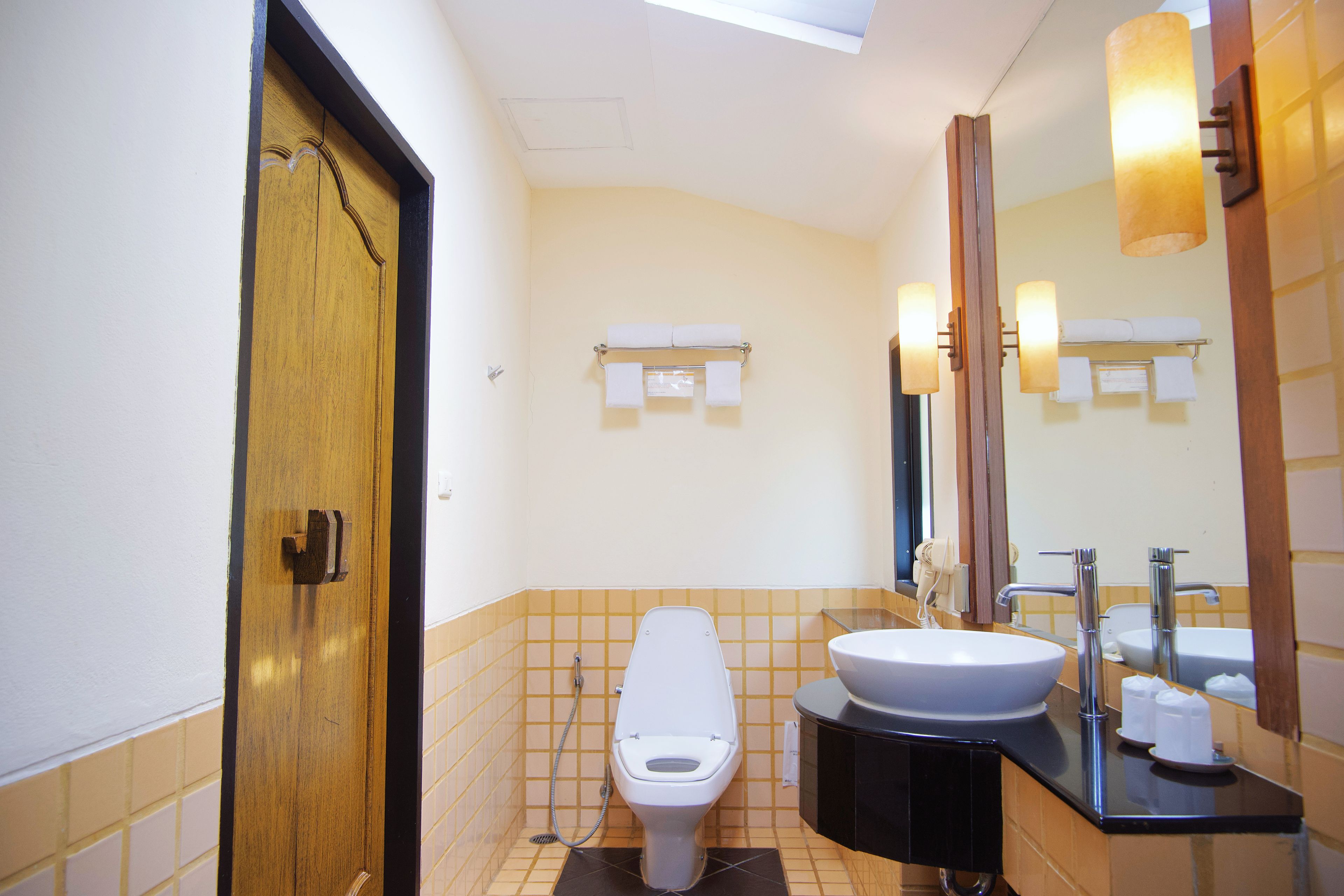 Un baño de hotel con inodoro, lavabo y toallero.