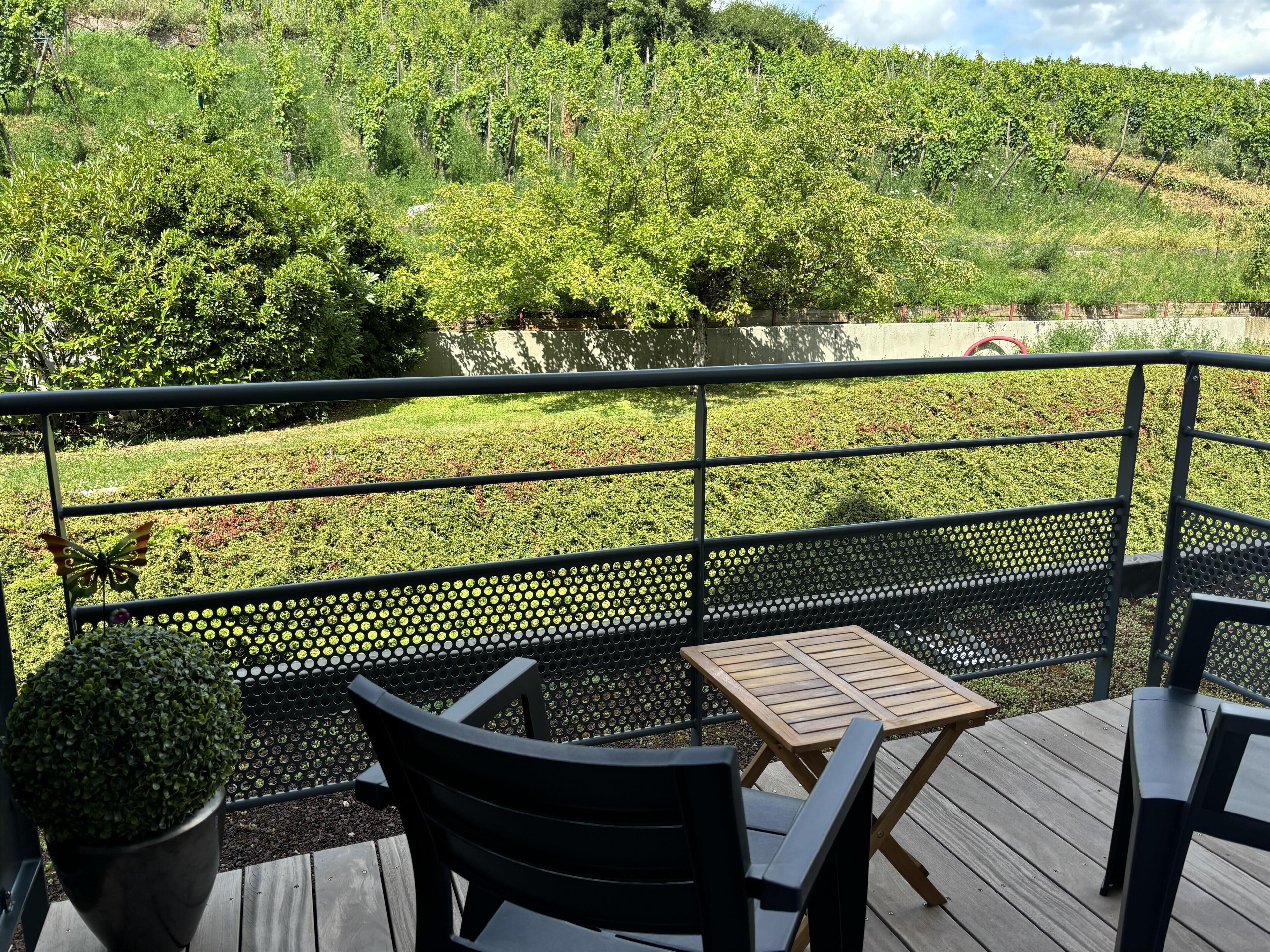 Ein Balkon mit Tisch und Stühlen, einem Blumentopf und Blick auf eine grüne Landschaft mit Bäumen und einem Hügel.