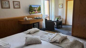 Habitación de hotel con dos camas, un escritorio con silla, televisión y vista a un jardín por la ventana.
