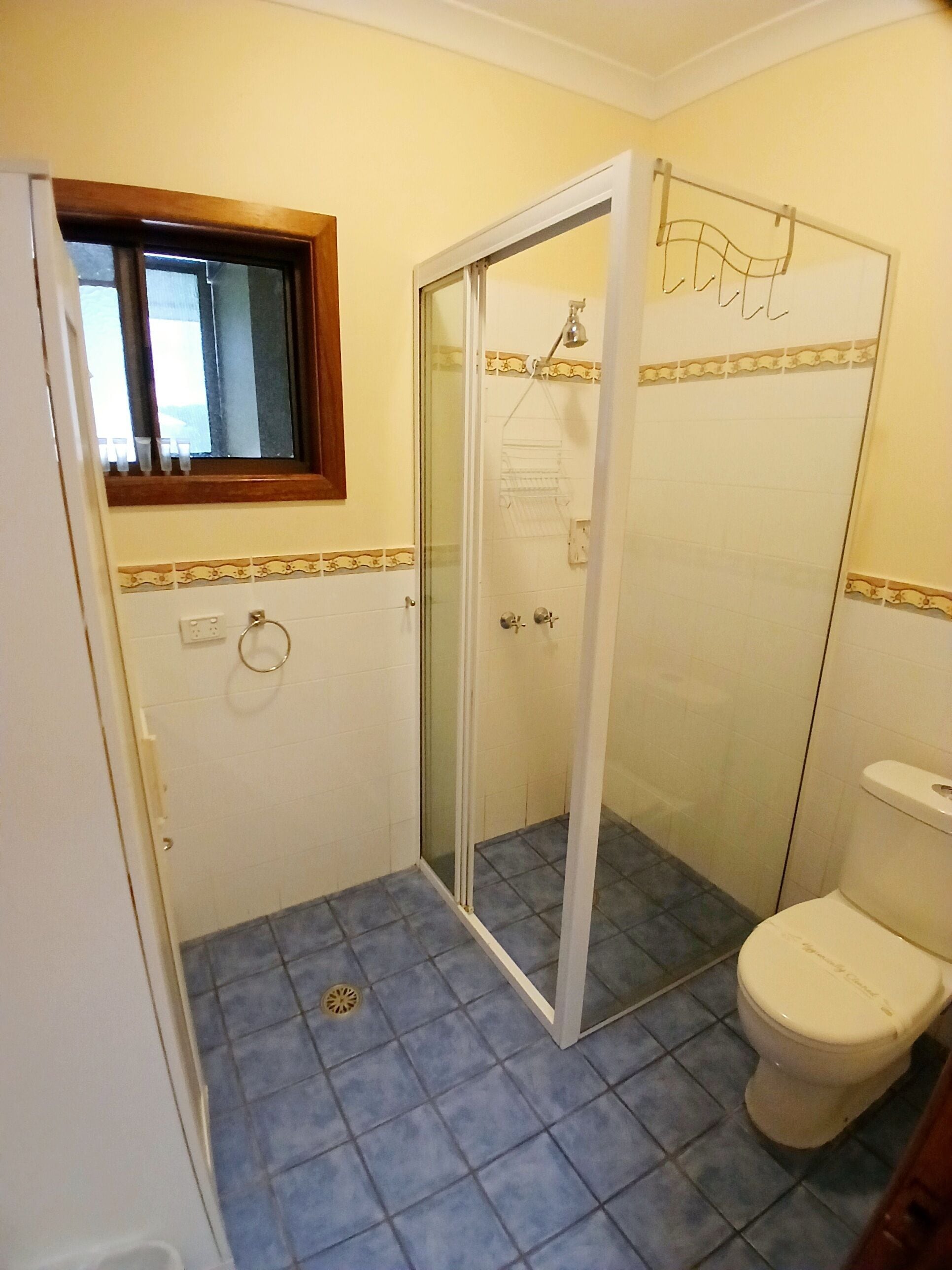 A bathroom with a shower, toilet, and a window.
