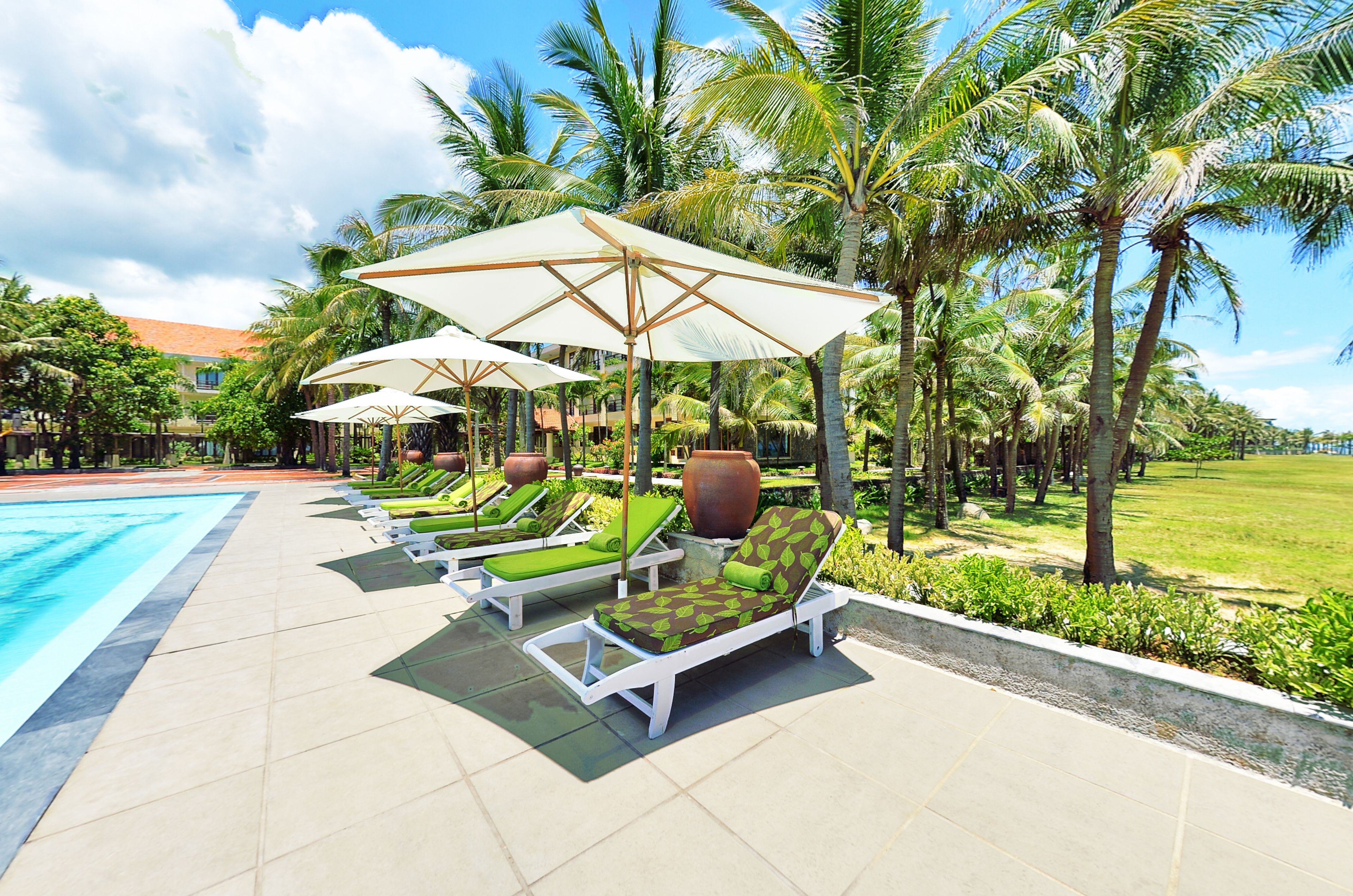 A poolside area with sun loungers, umbrellas, and palm trees.