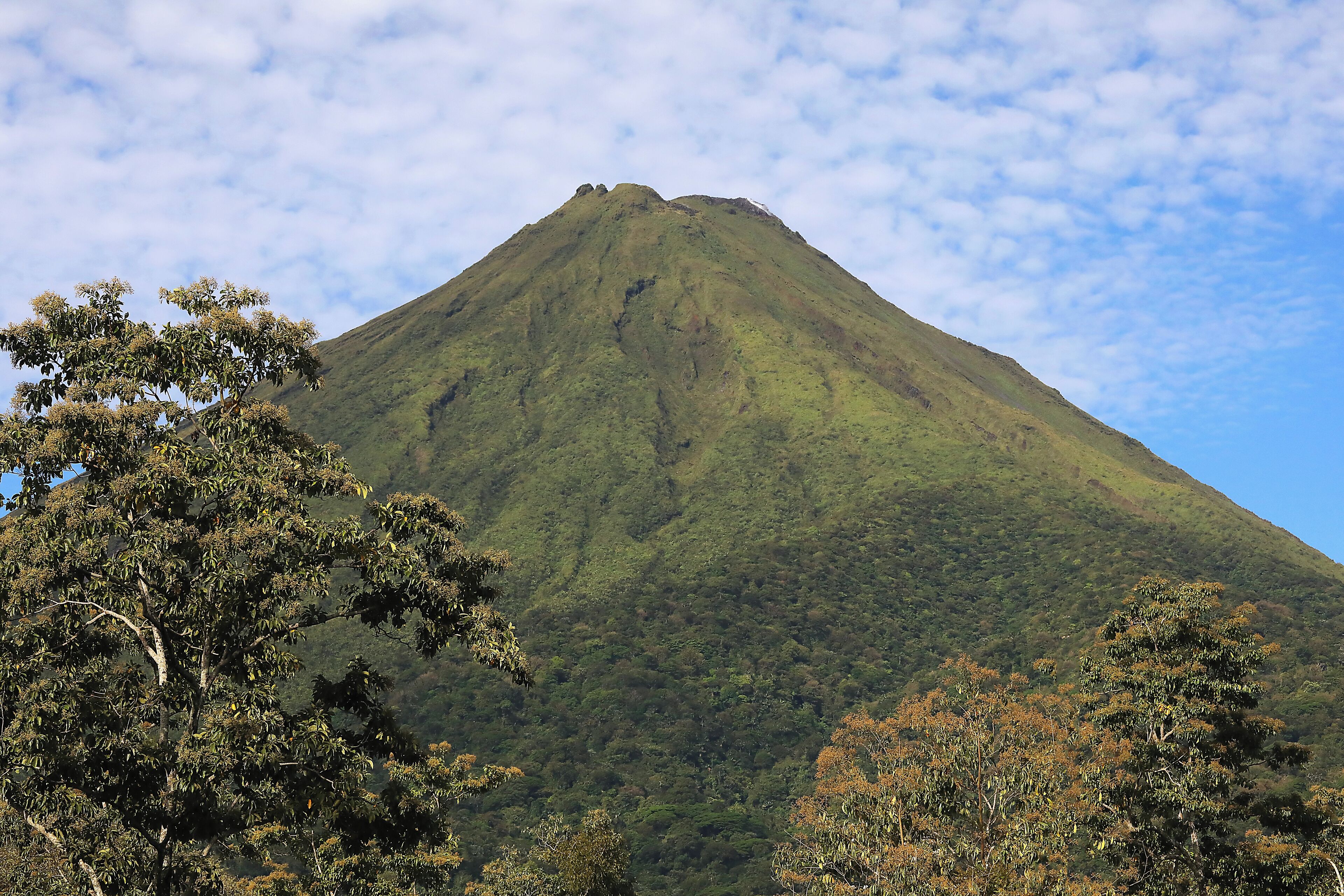 A mountain with a peak, surrounded by trees and a partly cloudy sky.