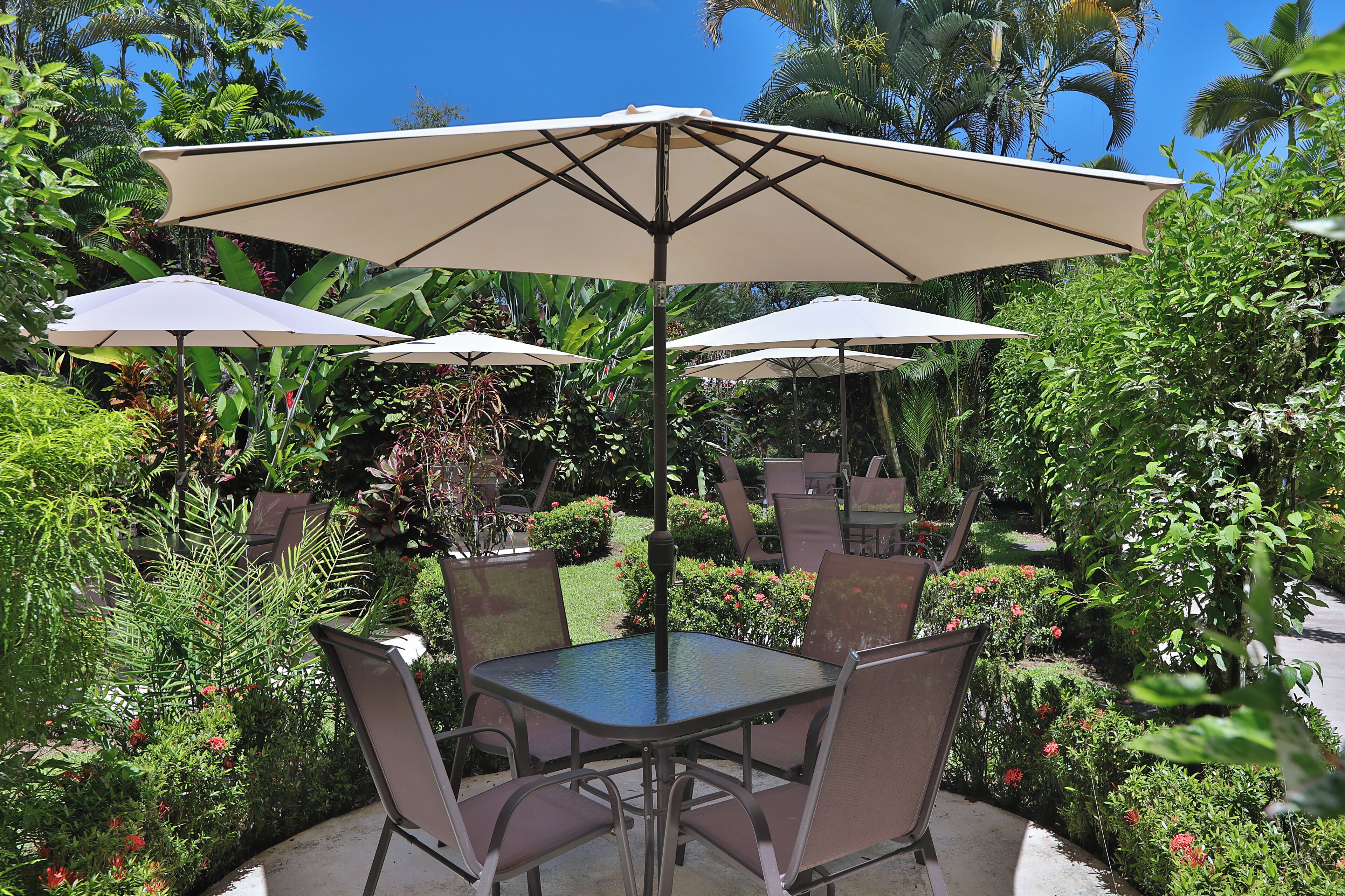 A patio with a table and chairs, surrounded by lush greenery and a clear blue sky.