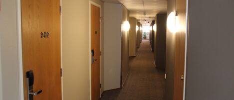 A hotel hallway with wooden doors numbered 202 and 203, carpeted floors, and wall-mounted light fixtures.