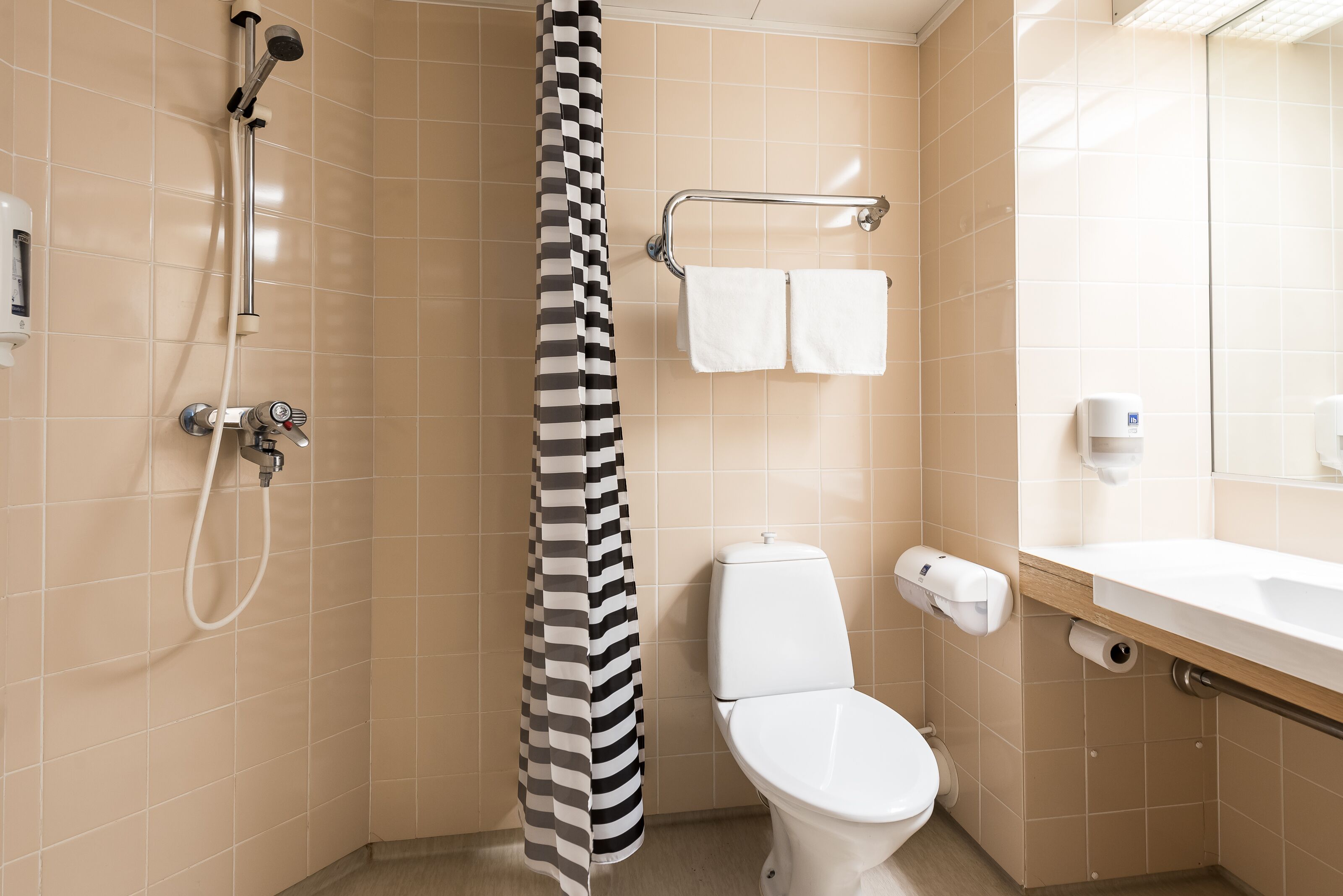 Ein Badezimmer mit Dusche, Toilette und Waschbecken.