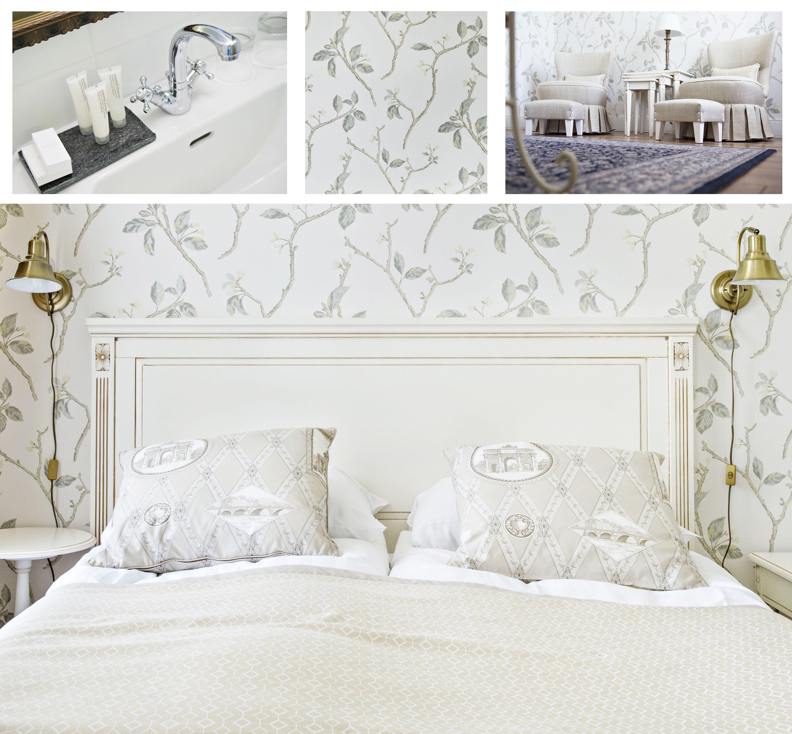 Une chambre à coucher avec un lit blanc, un papier peint à motifs floraux et des accessoires dorés.