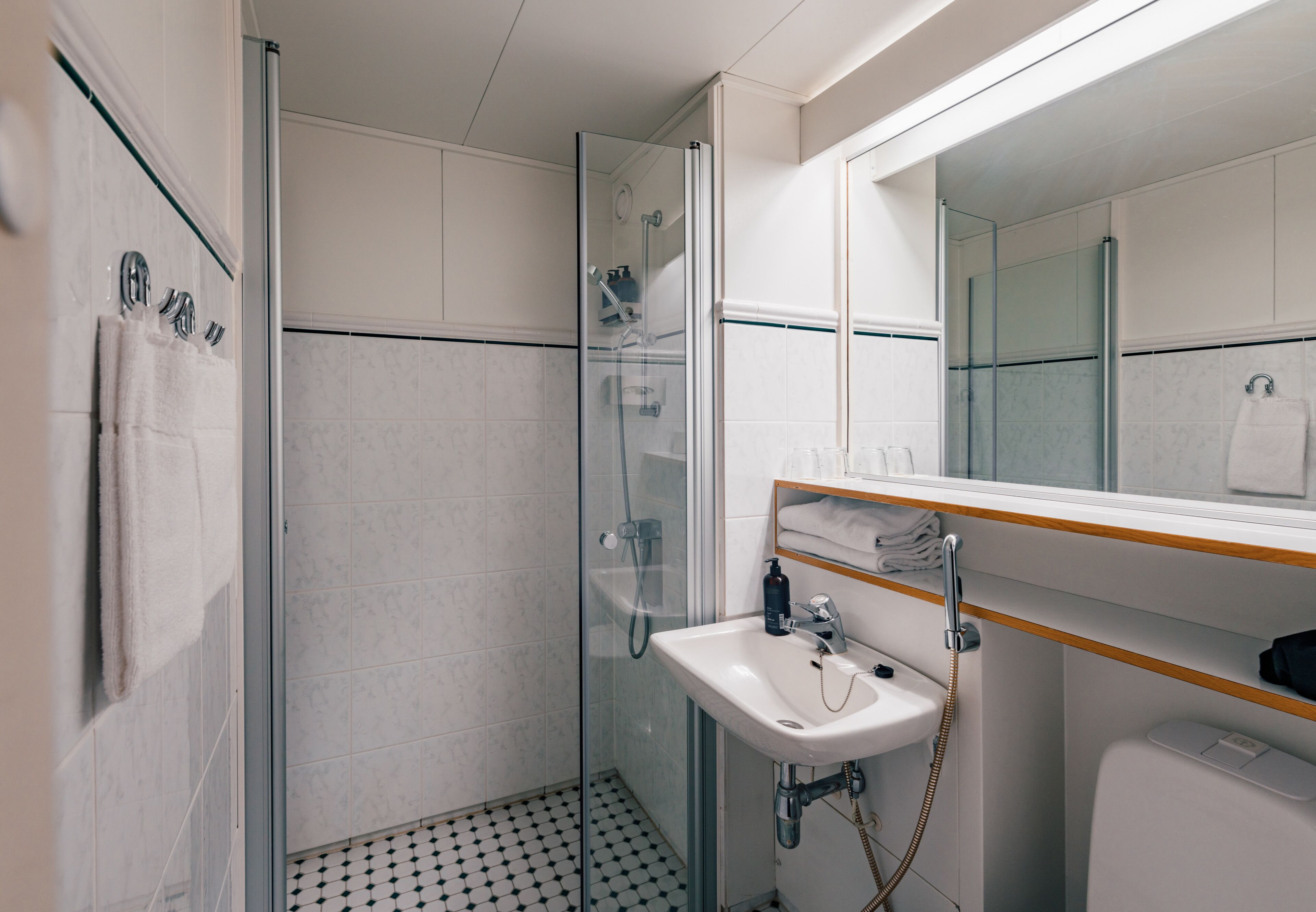 Een moderne badkamer met een douchecabine van glas, een witte wastafel met spiegel erboven en netjes opgevouwen handdoeken.