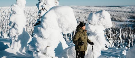 A person standing in a snowy landscape with snow-covered trees and a clear sky.