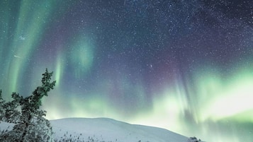 Paisaje nevado bajo un cielo nocturno despejado, con estrellas visibles y auroras boreales.