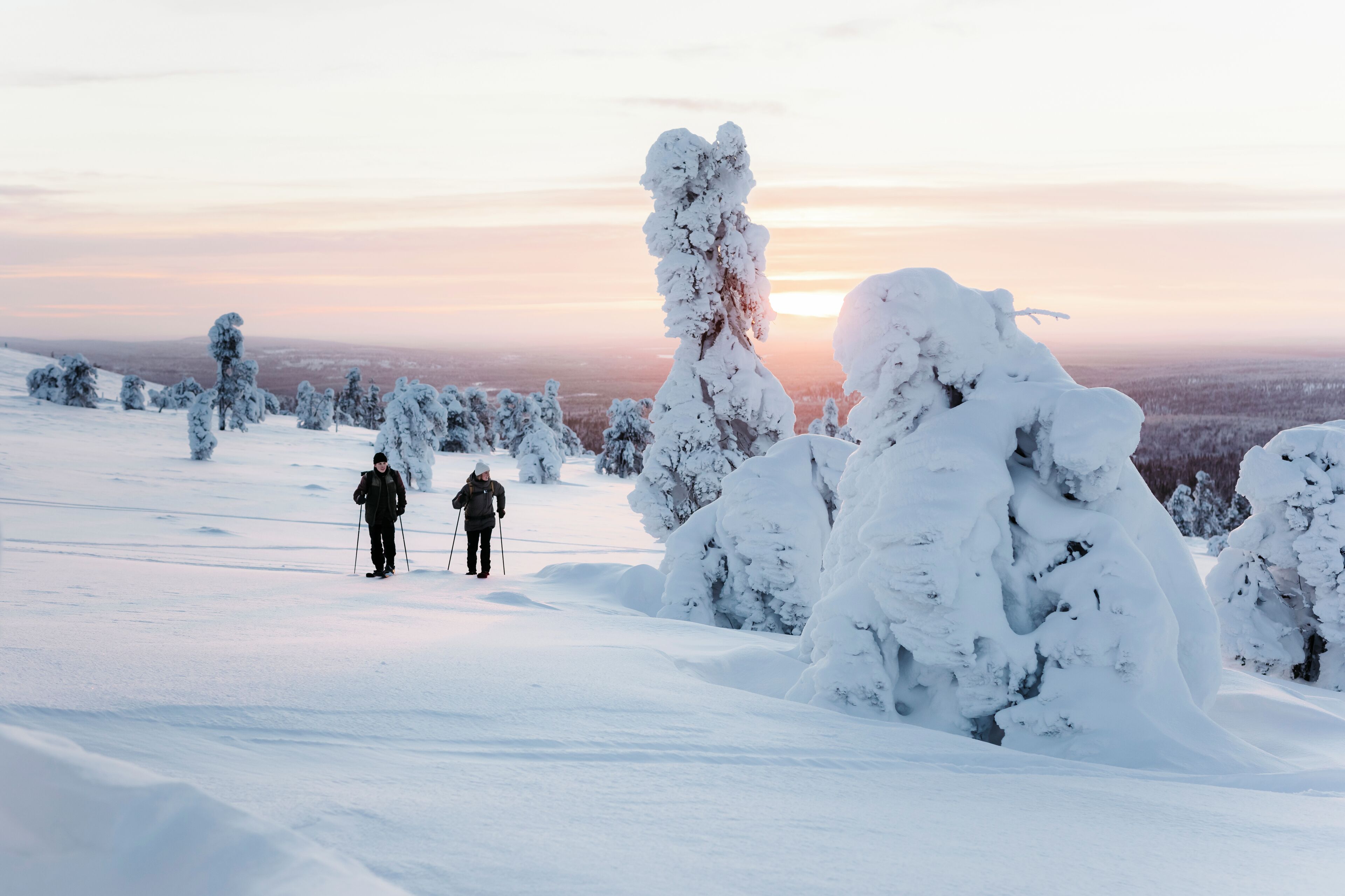 A snowy landscape with two people walking, surrounded by snow-covered trees and a clear sky.