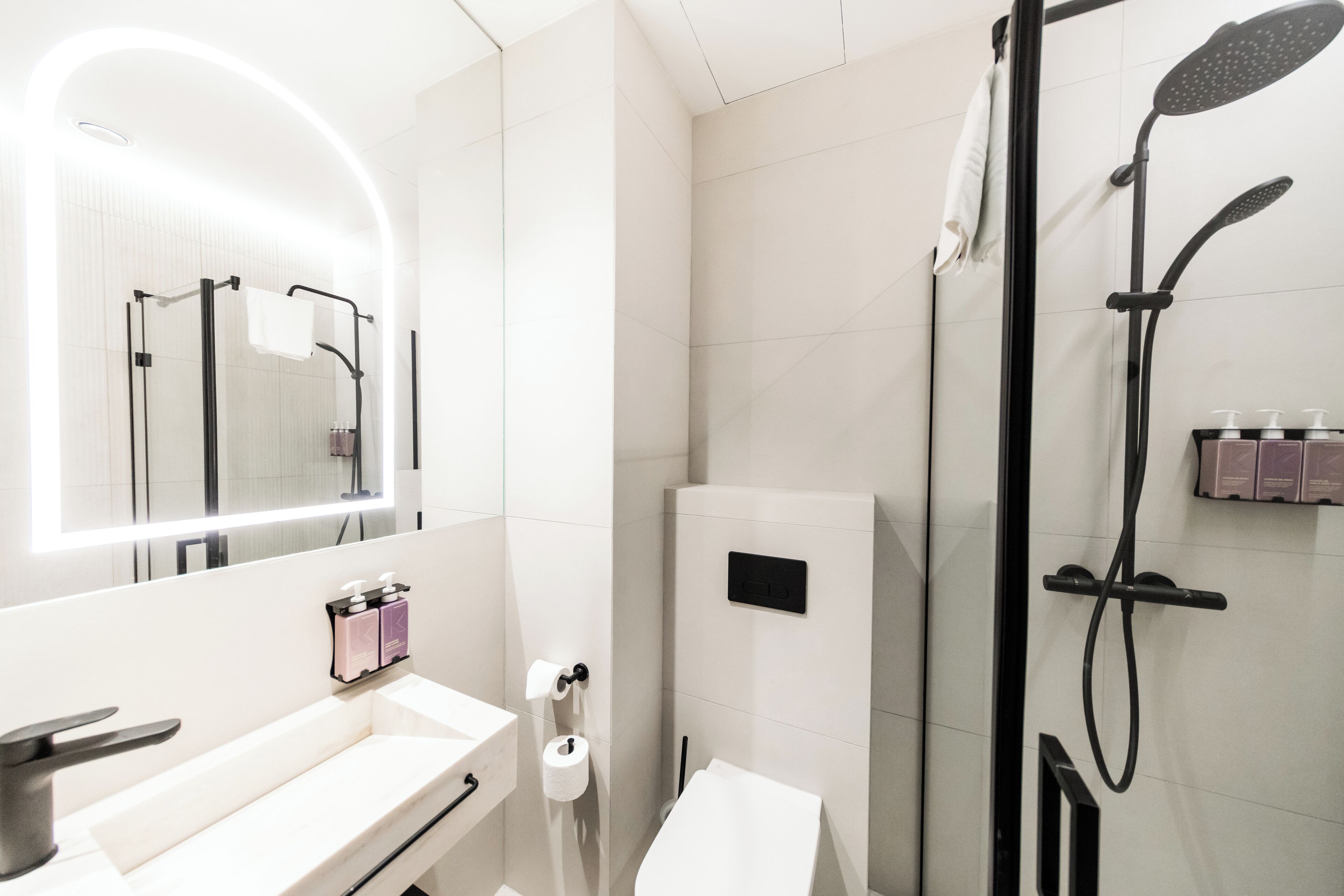 shower, eco-friendly toiletries, hair dryer, towels